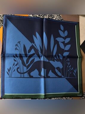 Cartier Navy and Cobalt Panther Botanical Silk Scarf with Green Trim